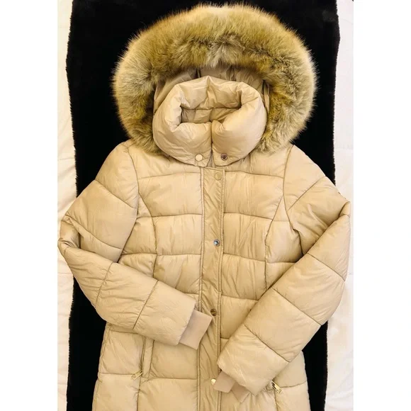Michael Kors Faux Fur Trim Hooded Puffer Coat / Jacket Size Small Tan. - Picture 1 of 12